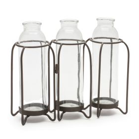 Triple Bottle Vase w/Holder 9.25"L x 8.25"H Iron/Glass